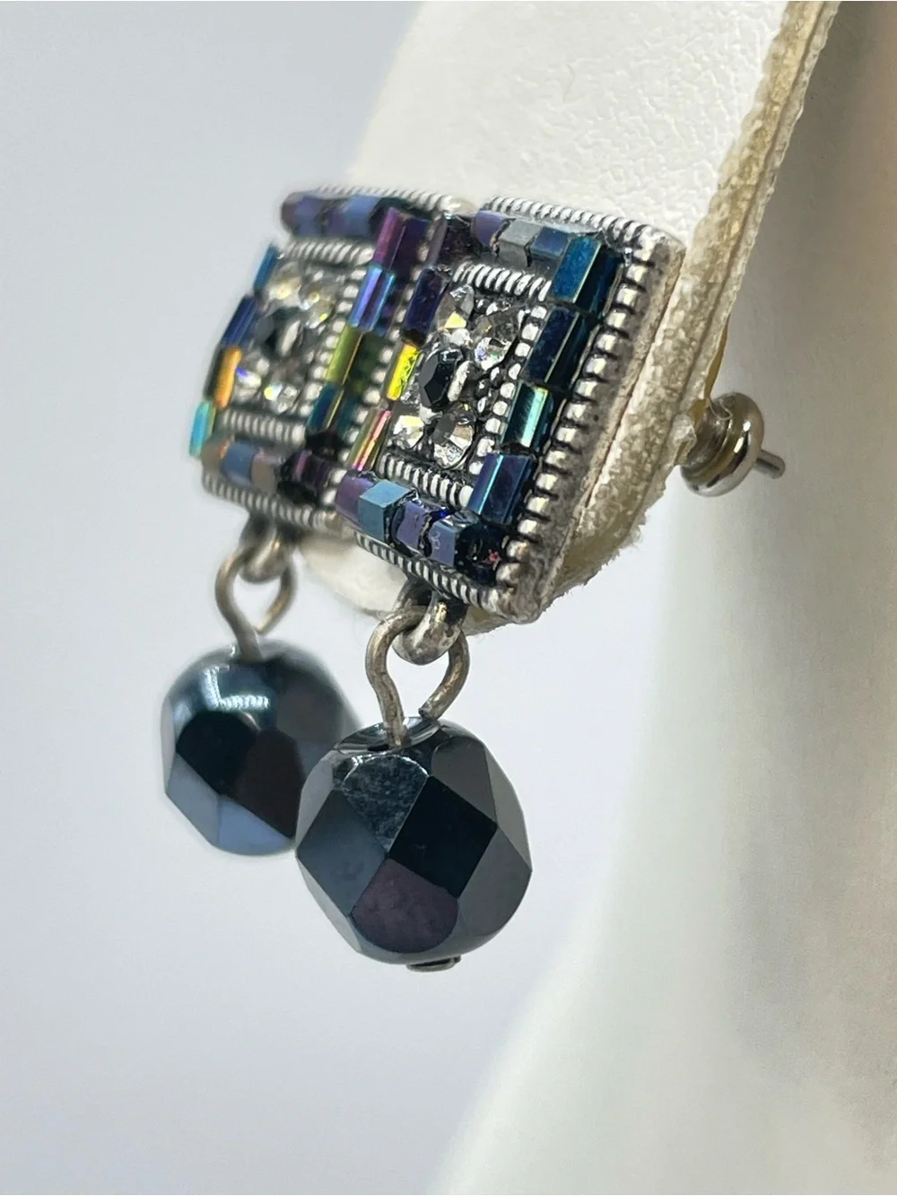 Vintage Silver Tone Blue Crystal Glass Art Deco Dangle Stud Earrings